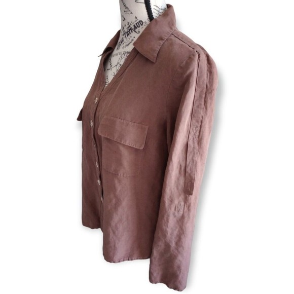 Neiman Marcus Womens Brown Linen Silk Button Down Blouse Camp Shirt Pockets 8 - Picture 3 of 12